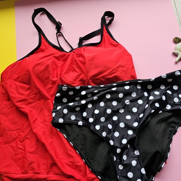 Tankini Swimsuits Tank Top Red And Polka Dot Modest Swimwear - Picture 2 of 12